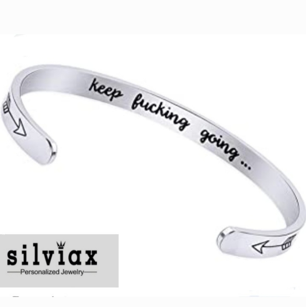 Silviax 'Keep....Going' Siver Inner Engraved Bangle Cuff Bracelet NWOT In Box